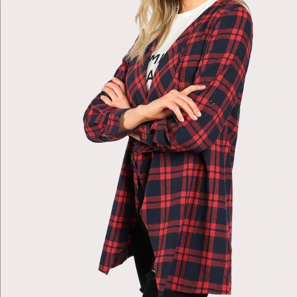 Plaid Waterfall Coat Jacket Red Navy Blue - Picture 2 of 6